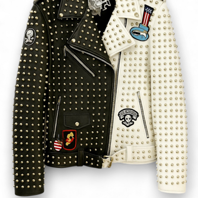 Crafted leather new handmade punk style black white studded adorable leather jacket 