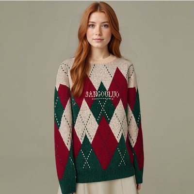 Retro diamond contrast color pullover crew neck sweater