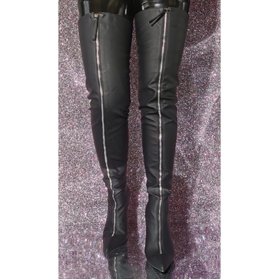 Over the knee boots with decorative zipper Long black leather women boots Silver zipper Sexy leather boots