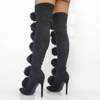 Women Pom Pom Over The Knee Boots Stretch Suede Boots Sexy Pointy Toe Slip On Ladies High Heel Boots - Thumbnail 4