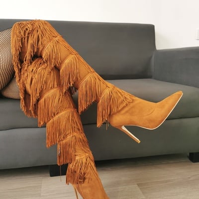 Fashion multi-layered fringe over the knee boots brown suede stretch fabric pointed toe zipper winter tall boots