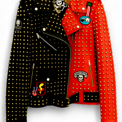 Crafted leather new classic punk style red/black studded leather jacket
