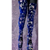 Super Women Over-the-Knee Boots Velvet Embroidered Heels Boots Blue Shoes Woman - Thumbnail 4
