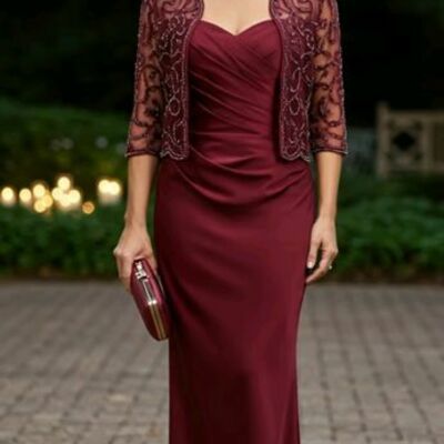Wine red bugrundy mermaid with lace jacket mother of bride/groom dress evening formal gowns 