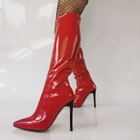 Women Knee High Boots Full Zip Up Shiny Pointed Toe Stiletto High Heels Shoes - Thumbnail 6