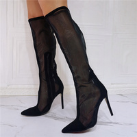 Black Knee High Boots Women,Long Boots Thigh High Boots Rubber Sole Net Yarn Splicing Pointed Toe Slim High Heel Sexy Fashion Breathable - Thumbnail 6