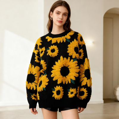 Sunflower embroidery round collar knit oversized sweater