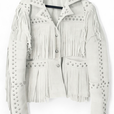 Crafted leather women's white suede leather studded jacket with beads & studs