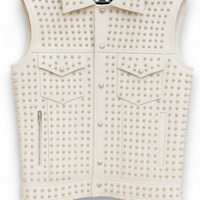 Crafted leather men white studded jacket punk style stylish leather vest