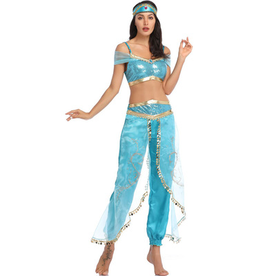 Aladdin jasmine princess costume – blue cosplay dress with headwear, top & pants | halloween role play outfit for women