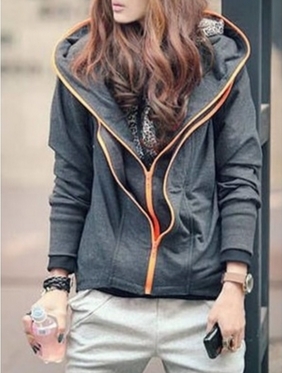Grey Cotton Women Fashion Winter Style Long Sleeve Zipper with Hat Hoodies Coat One Size YL989053g 