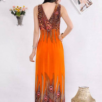 Orange Peacock Maxi Dress - Thumbnail 1