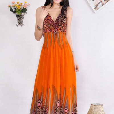 Orange peacock maxi dress - Thumbnail 1
