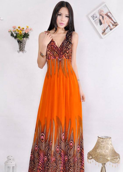 Orange Peacock Maxi Dress