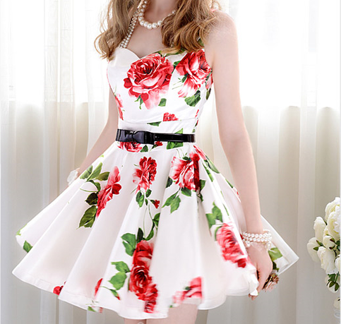 White and red flower slim waist expansion bottom sleeveless