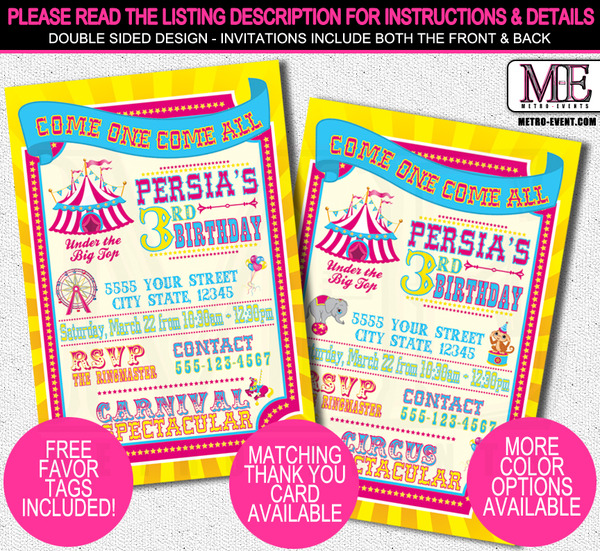 Circus or Carnival Birthday Invitation for Girls