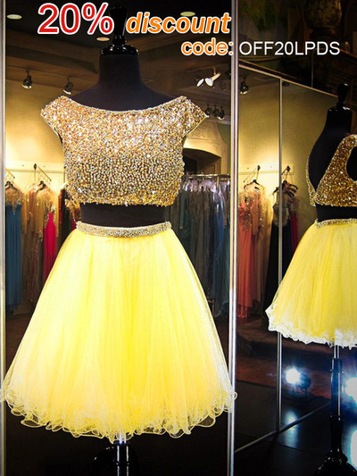 unique prom dresses,Yellow A-line Scoop Short Sleeve Short/Mini Tulle Homecoming Dresses/Short Prom Dresses 1444