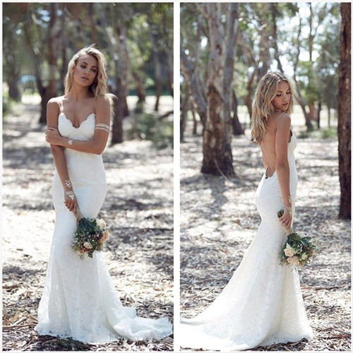 spaghetti strap backless wedding dress