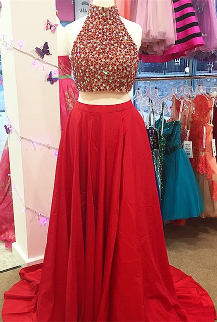 red halter top prom dress