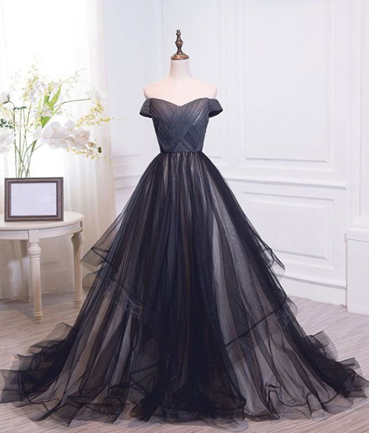 black tulle long evening skirt