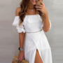 Elegant Solid Color One-Shoulder Ruffled Slit Dress-1