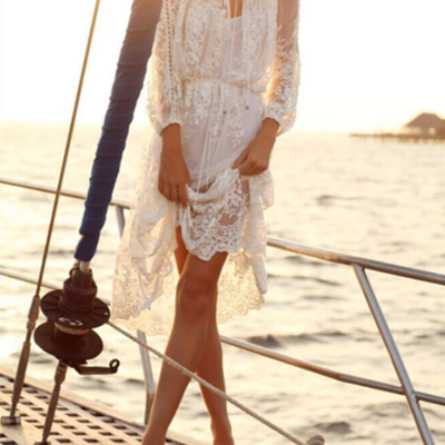 Long sleeve printing white lace flounced dress