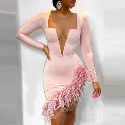 Pink solid color v-neck long sleeve dress