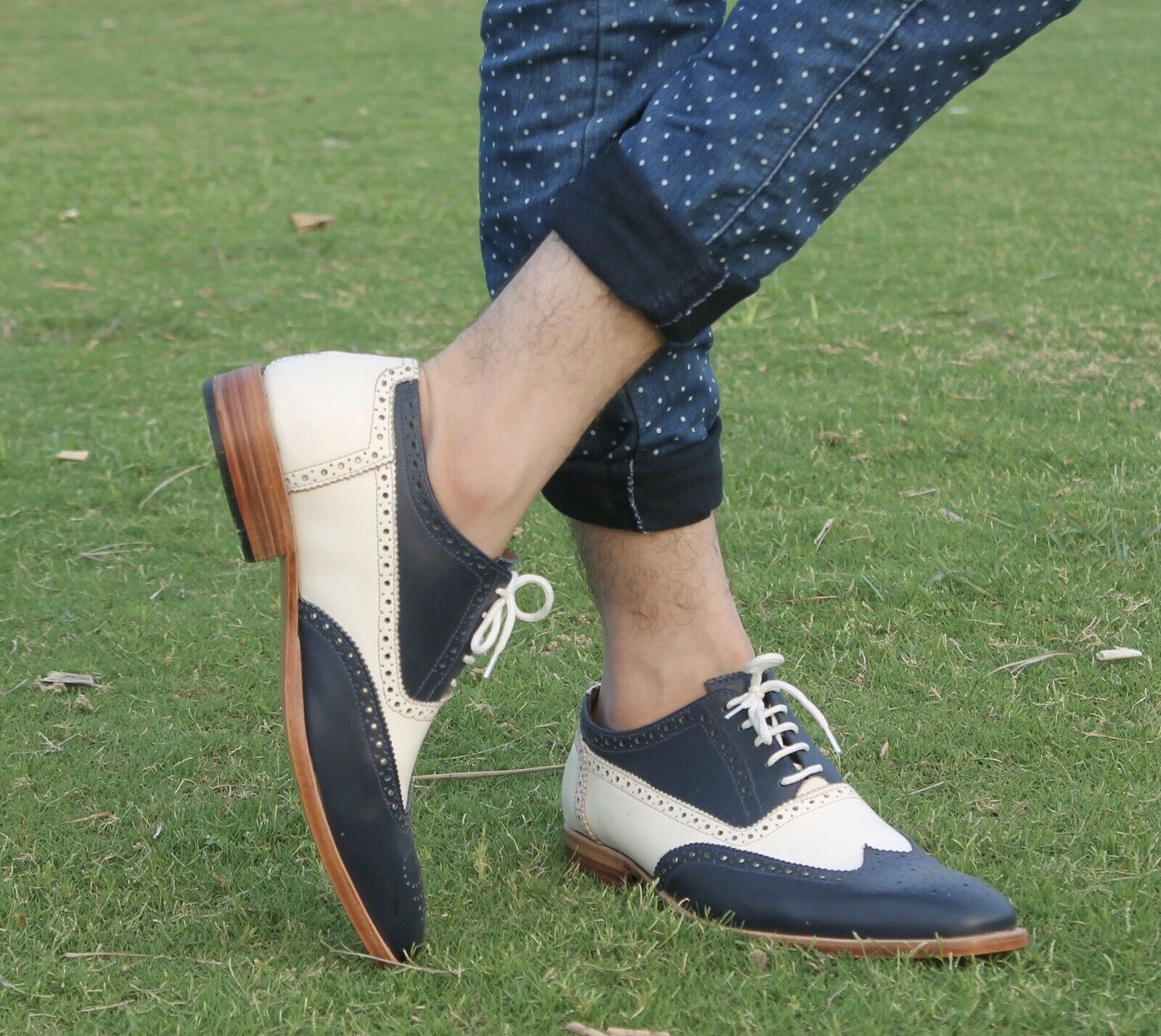 Bespoke Handmade Men’s Blue & White Wing Tip Lace Up,Formal Shoes on